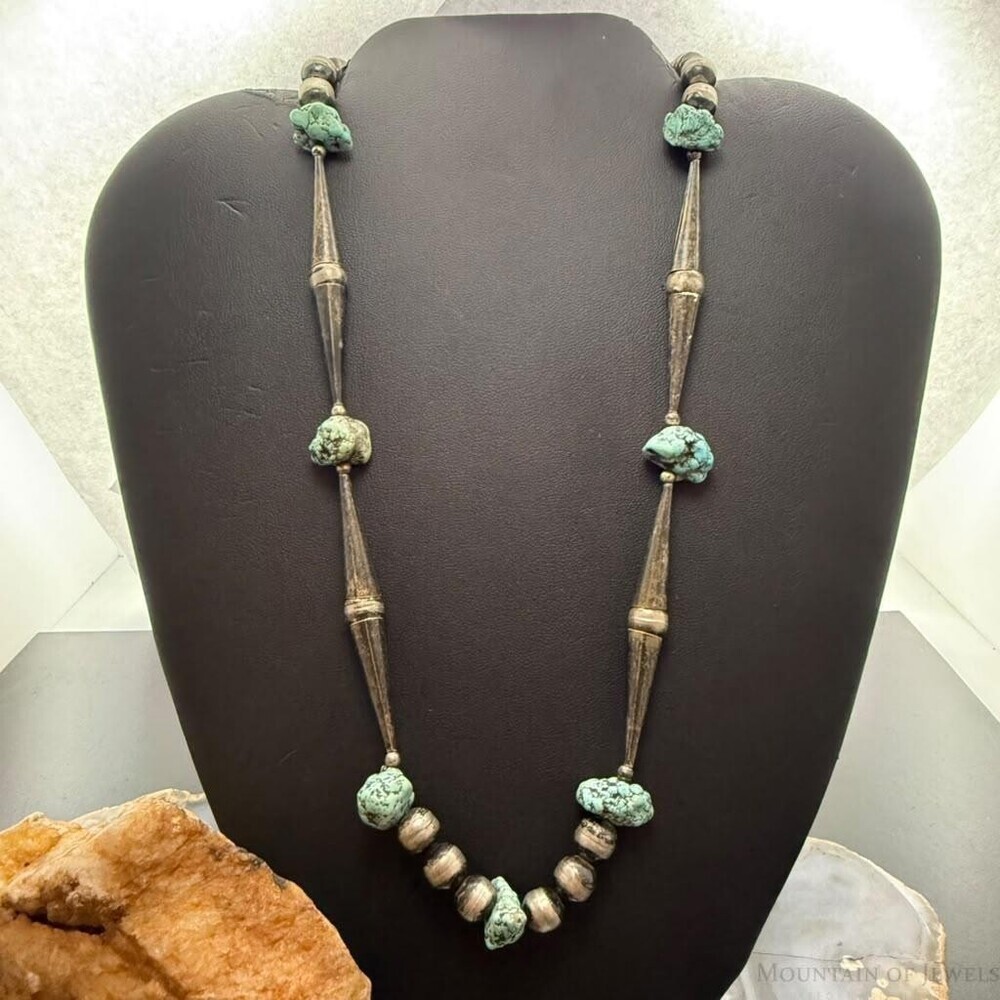 Vintage Native American Silver Navajo Pearl Bead, Cones, Turquoise 18" Necklace